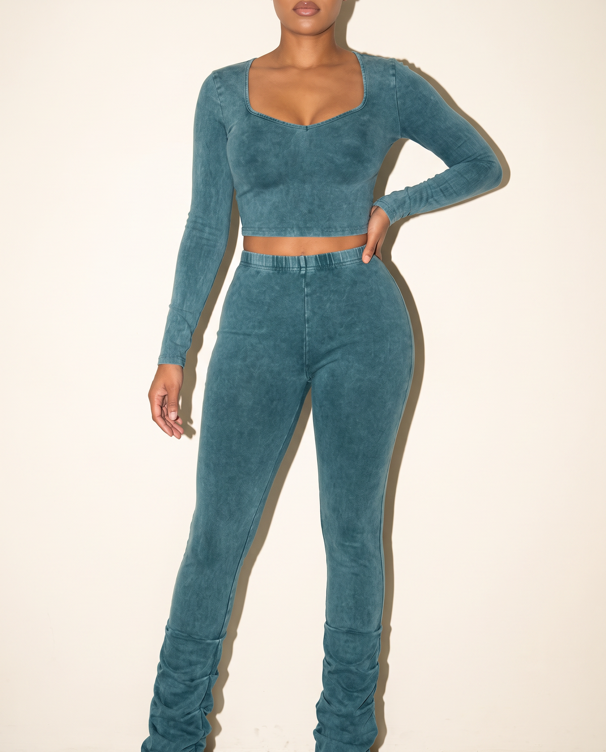 Mineral Washed Top & Ruched Hem Detailed Pants in Teal — alternate front view