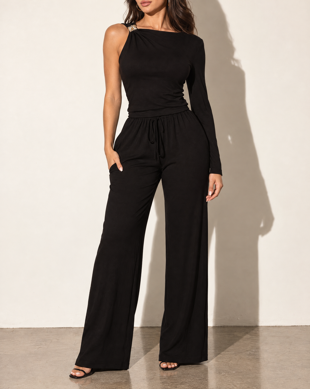 One Sleeve Top & Wide Leg Pants Set in Black — alternate front view