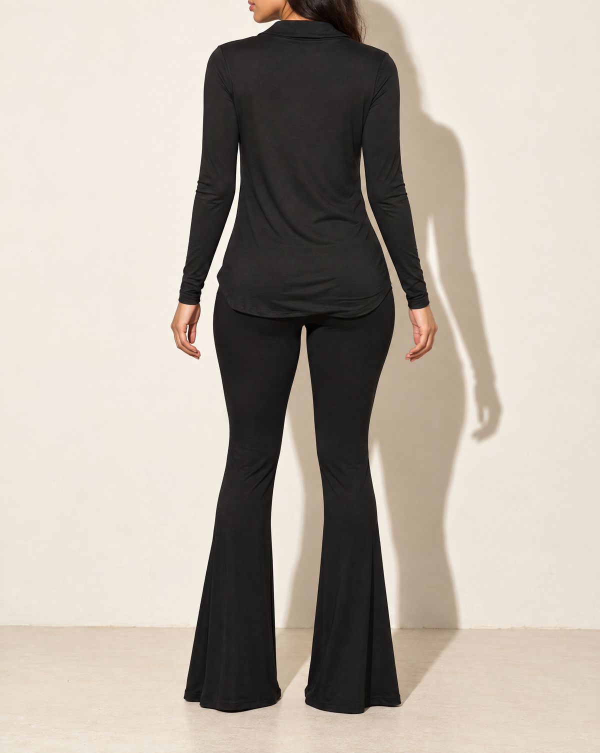 Cowl Collar Neck Top & Flare Pants Set in Black — back view