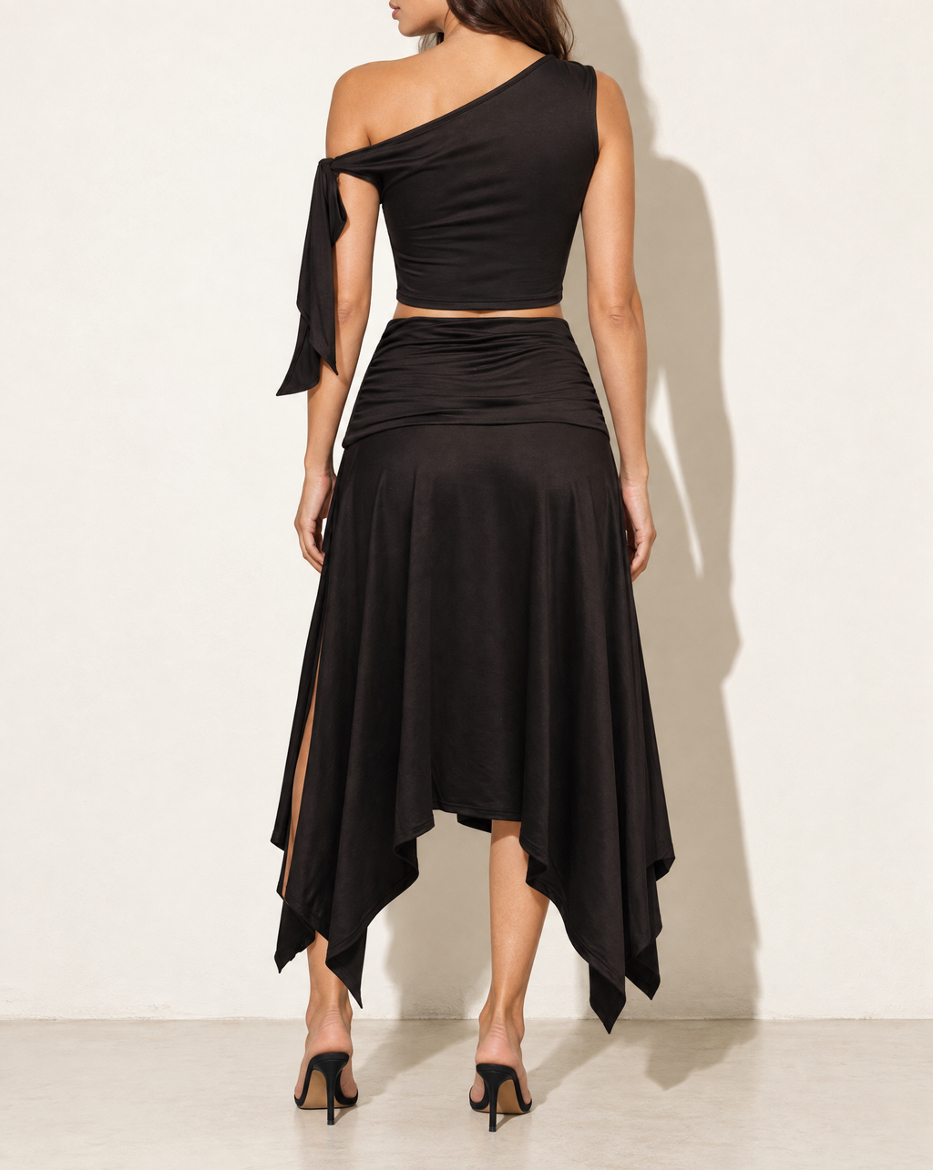 One Shoulder Tied Detailed Skirt Set in Black — back view