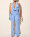 Deep Cowl Neck Open Back Top & Flare Pants Set in Blue — front view