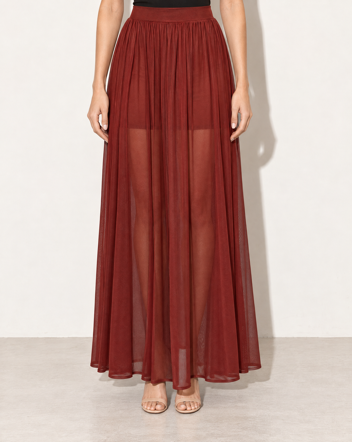 Sheer Mesh Maxi Skirt With Shorts Lining in Burgundy — front view