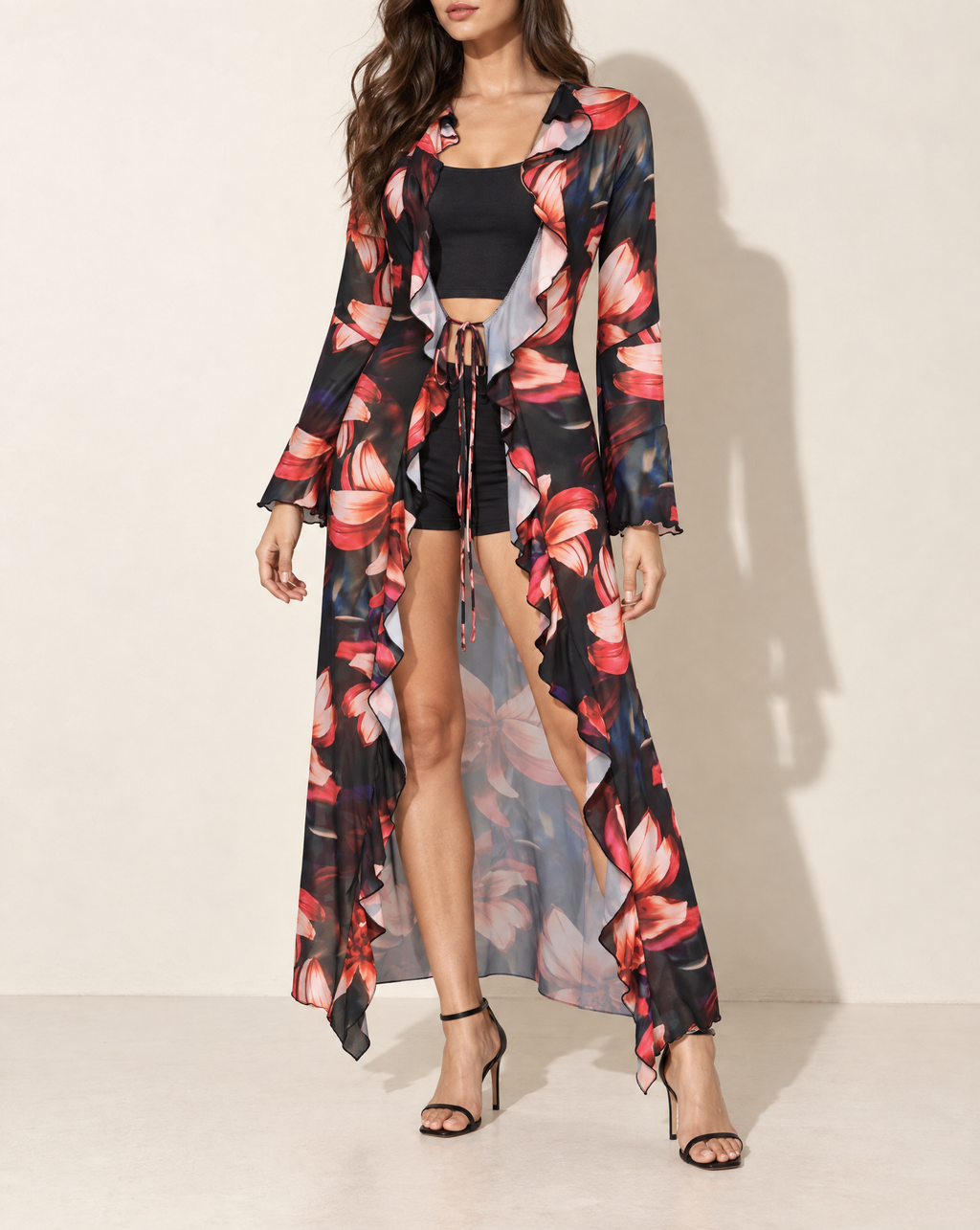Floral Ruffle Long Top in BLACK COMBO — alternate front view