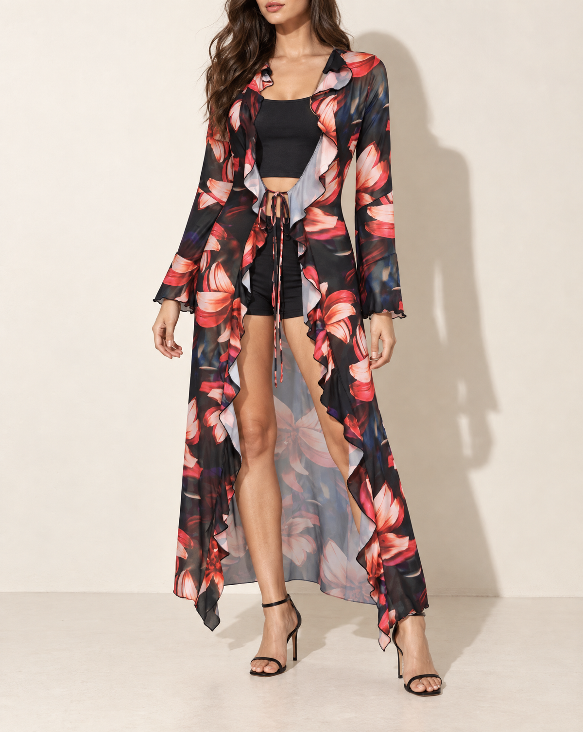 Floral Ruffle Long Top in BLACK COMBO — alternate front view