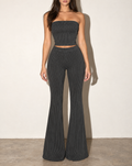 Rib Tube Top & Long Pants Set in BLACK 2 TONE — front view