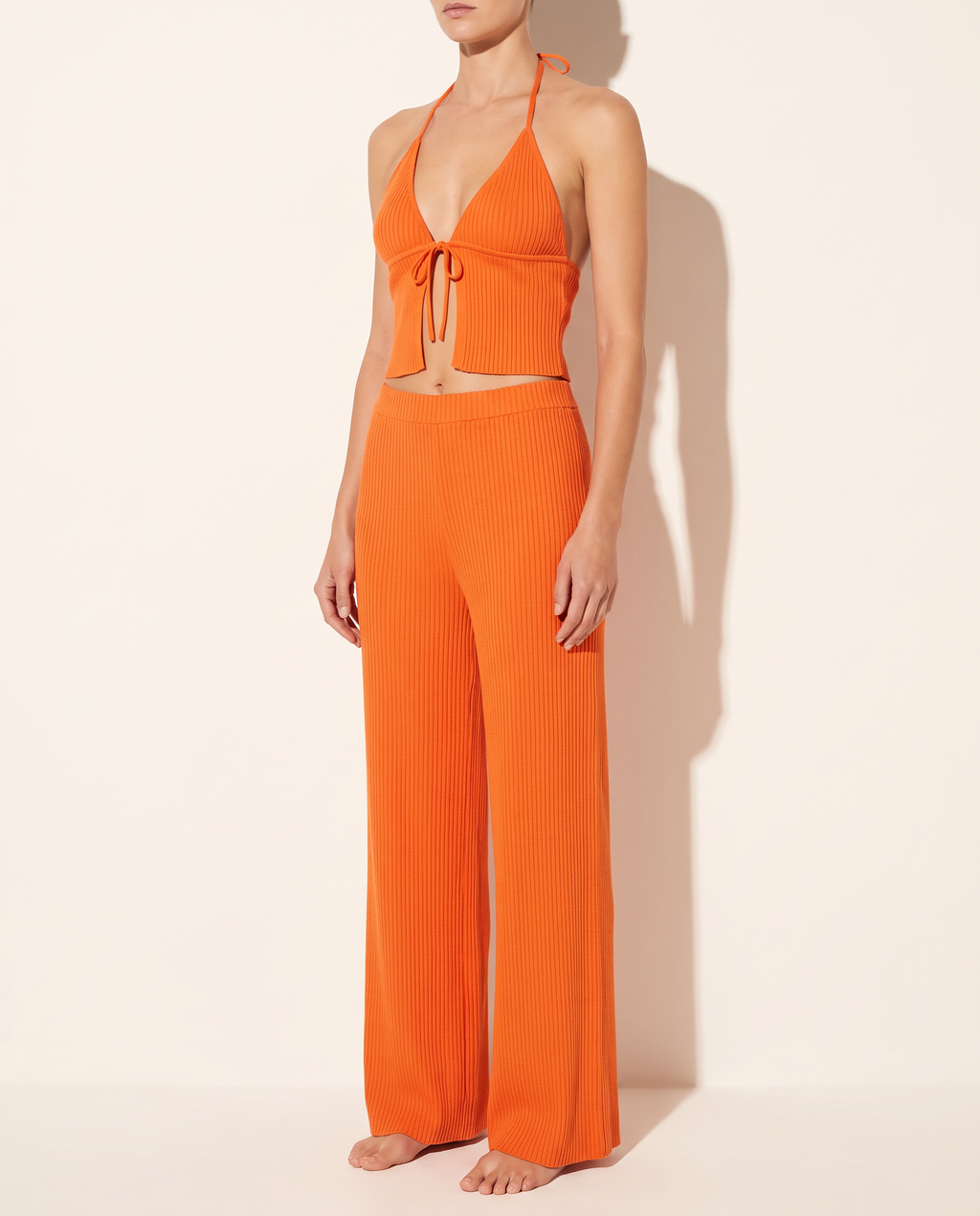 Strap Tied Neck Crop Top & Wide Leg Pants Set in Orange — alternate front view