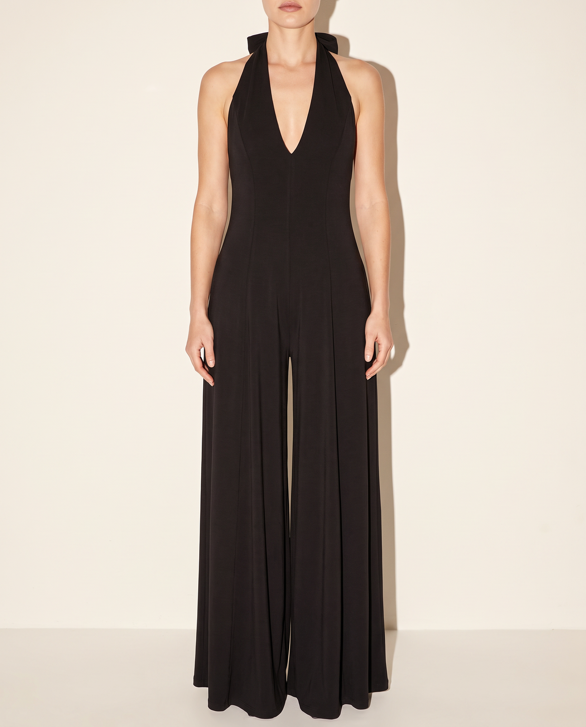 Wide Leg Halter Jumpsuit in Black — front view