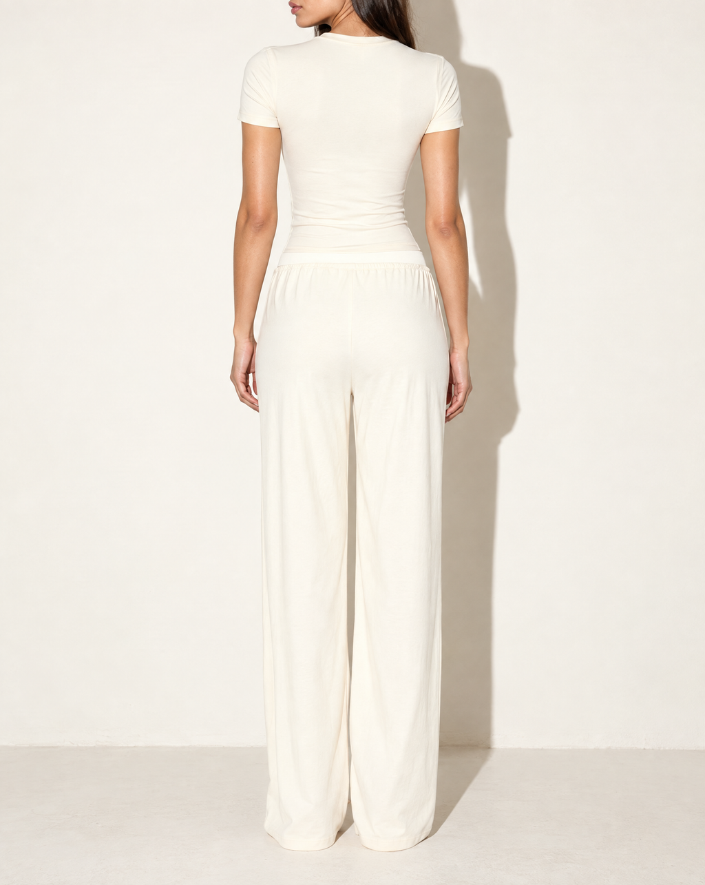 Shirring Detailed Shorts Sleeve Top & Pants Set in Ivory — back view