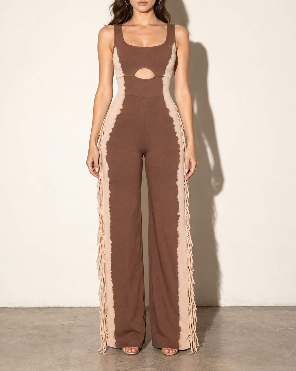 Bleached Two Tone Colorway Jumpsuit in TAUPE/BROWN — front view