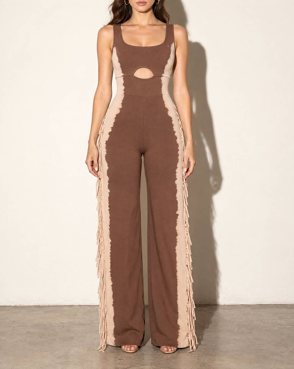 Bleached Two Tone Colorway Jumpsuit in TAUPE/BROWN — front view