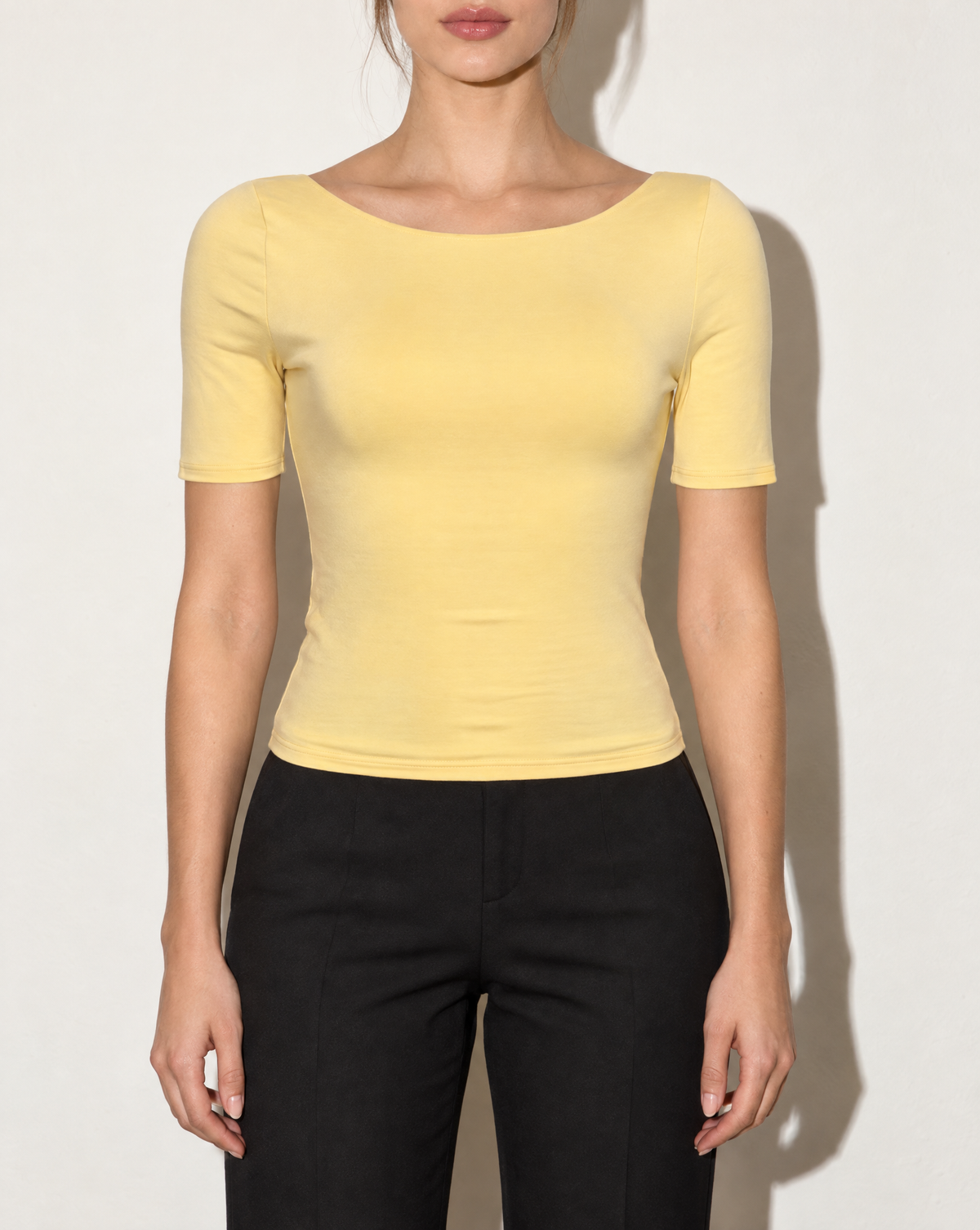 Short Sleeve Open Back Top in BUTTER YELLOW — front view