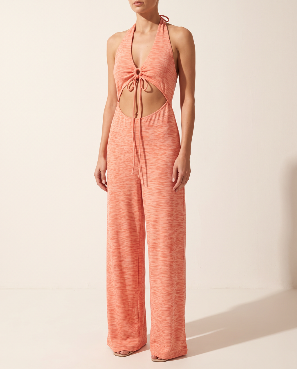 Cut Out Front Halter Neck Wide Leg Jumpsuit in Coral — alternate front view
