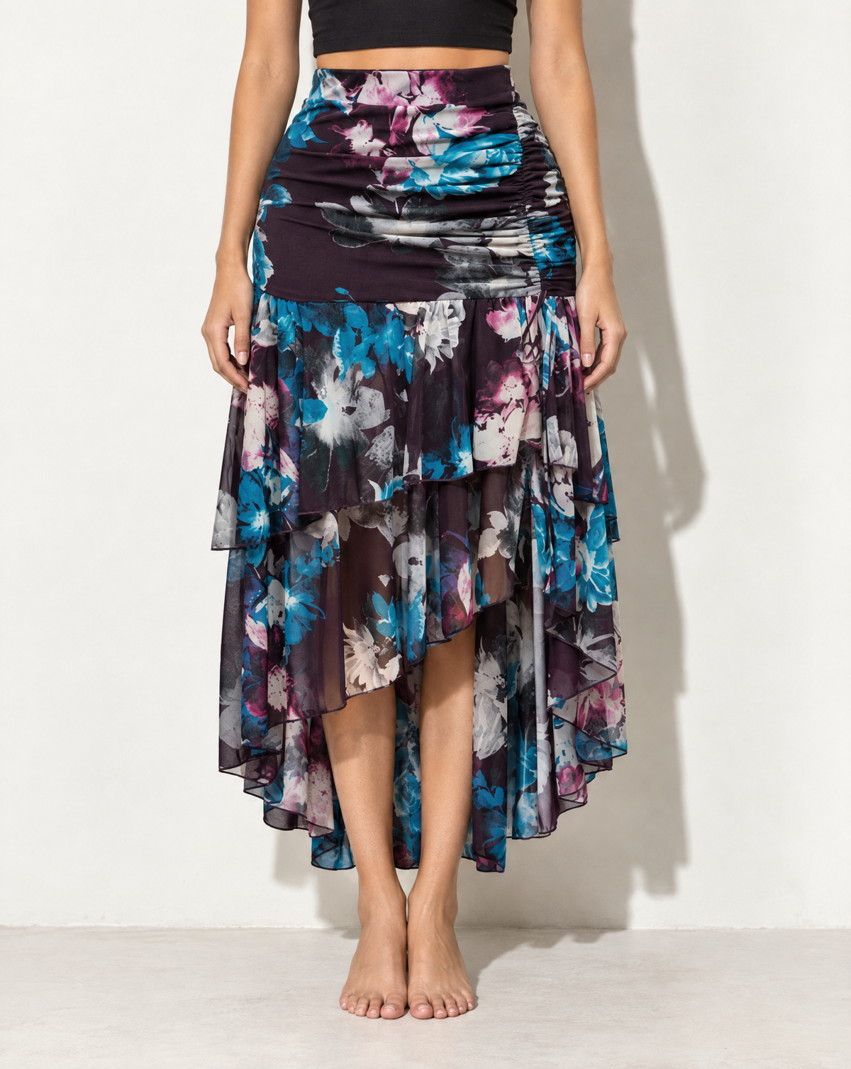 Asymmetrical Hem Floral Skirt in PURPLE COMBO — front view