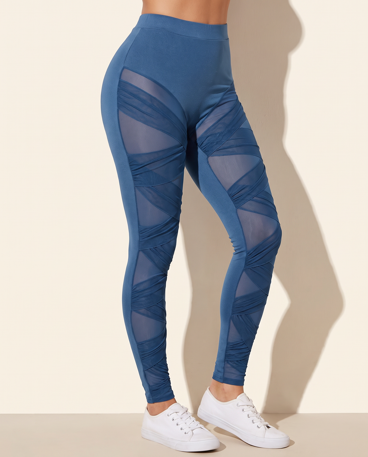 Criss Cross Mesh Leggings in DENIM — alternate front view