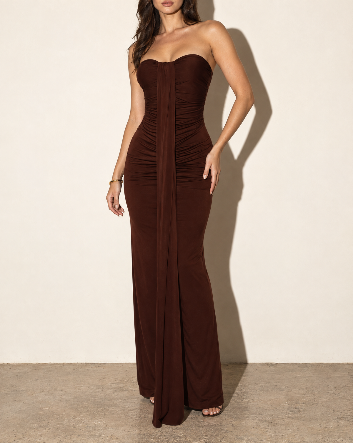 Drape Down Detailed Tube Maxi Dress in Brown — alternate front view