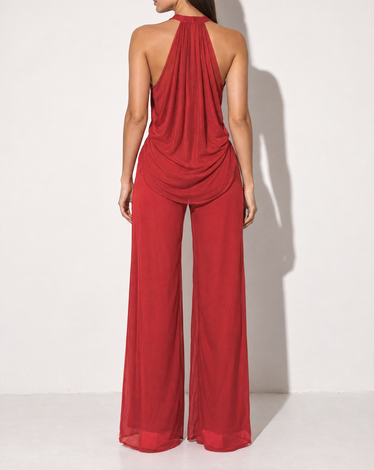 Deep Cowl Neck Sleeveless Top & Pants Set in Red — back view