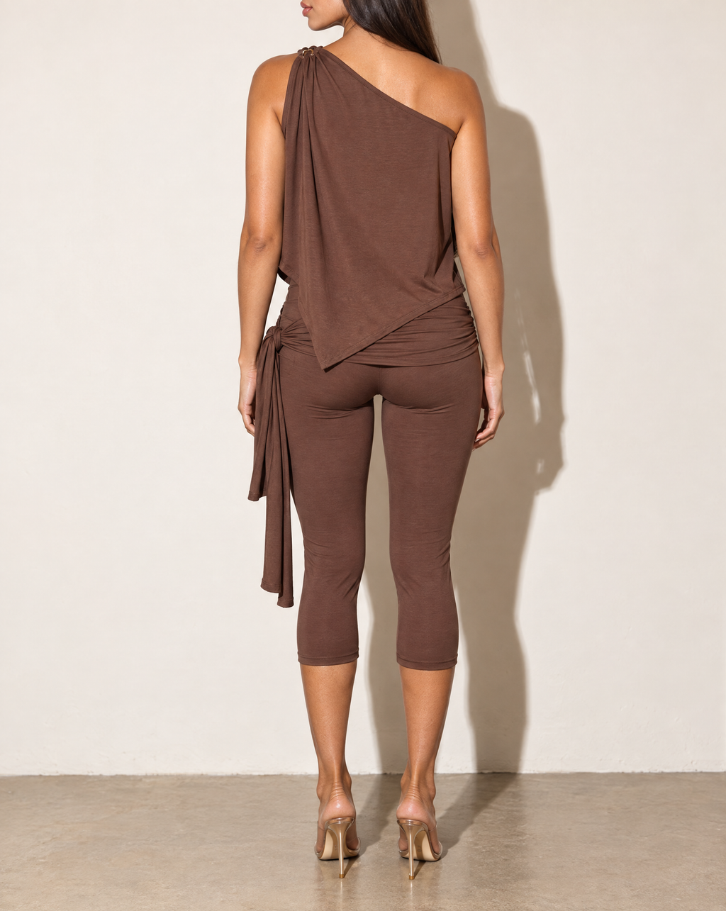 One Shoulder Drape Top & Tube Top Capri Set in Chocolate — back view