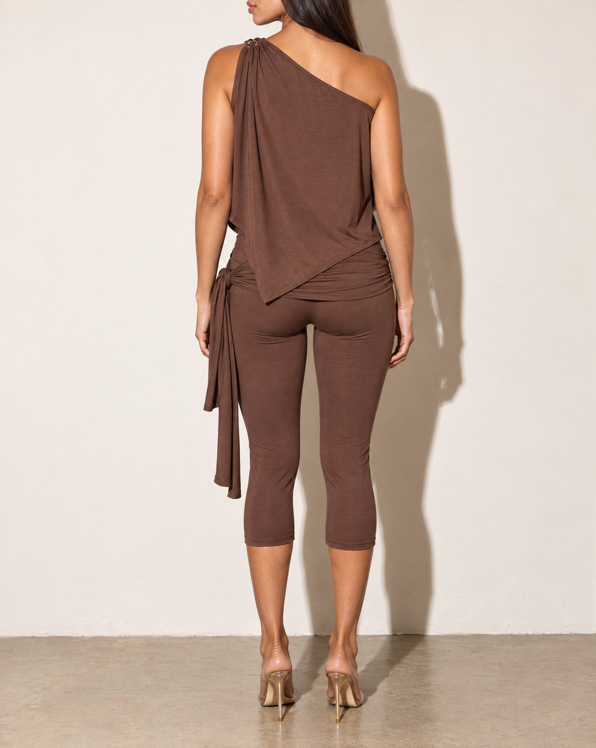 One Shoulder Drape Top & Tube Top Capri Set in Chocolate — back view