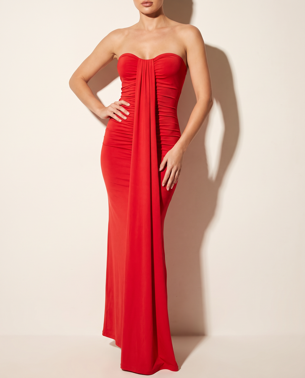 Drape Down Detailed Tube Maxi Dress in Red — alternate front view