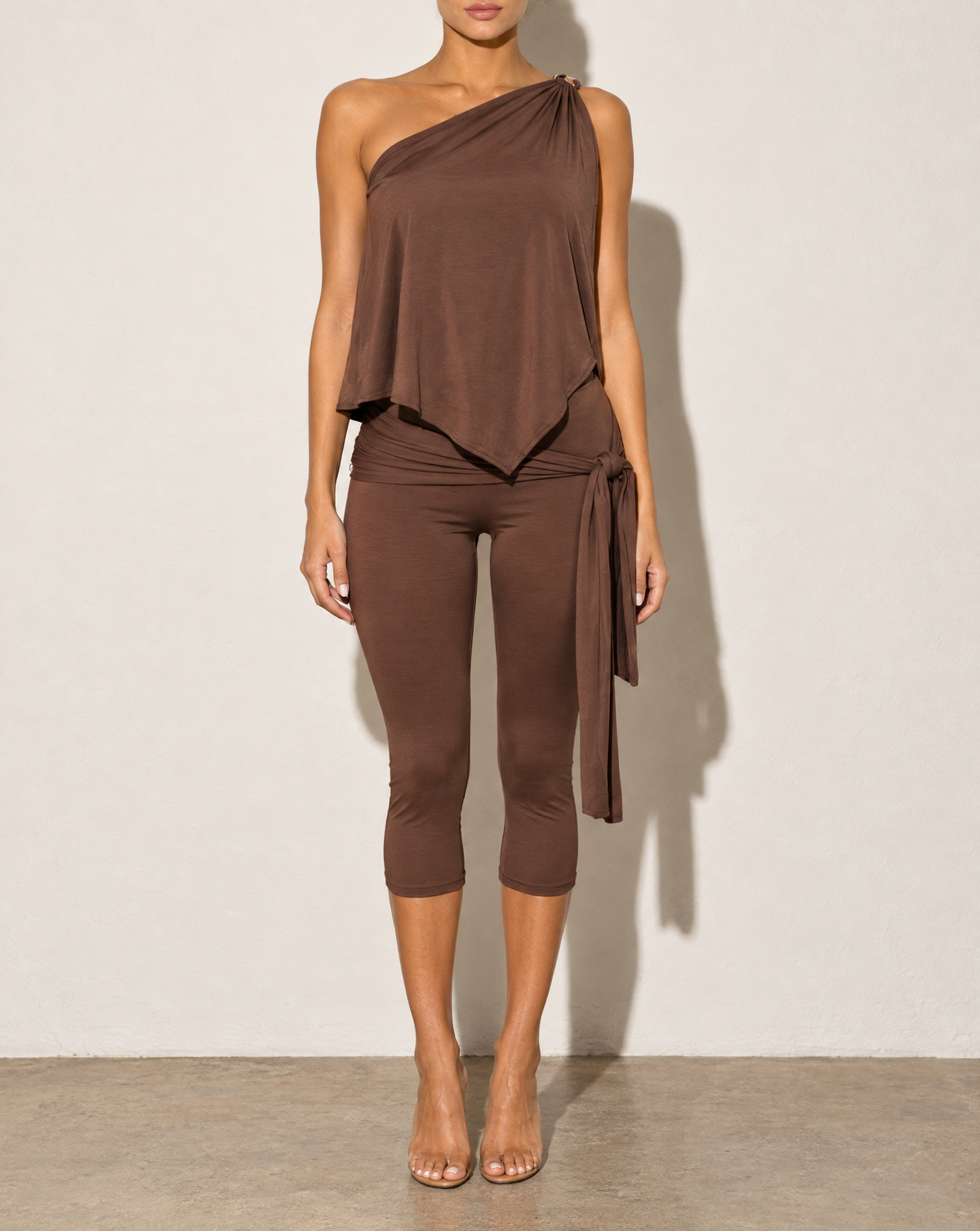 One Shoulder Drape Top & Tube Top Capri Set in Chocolate — front view