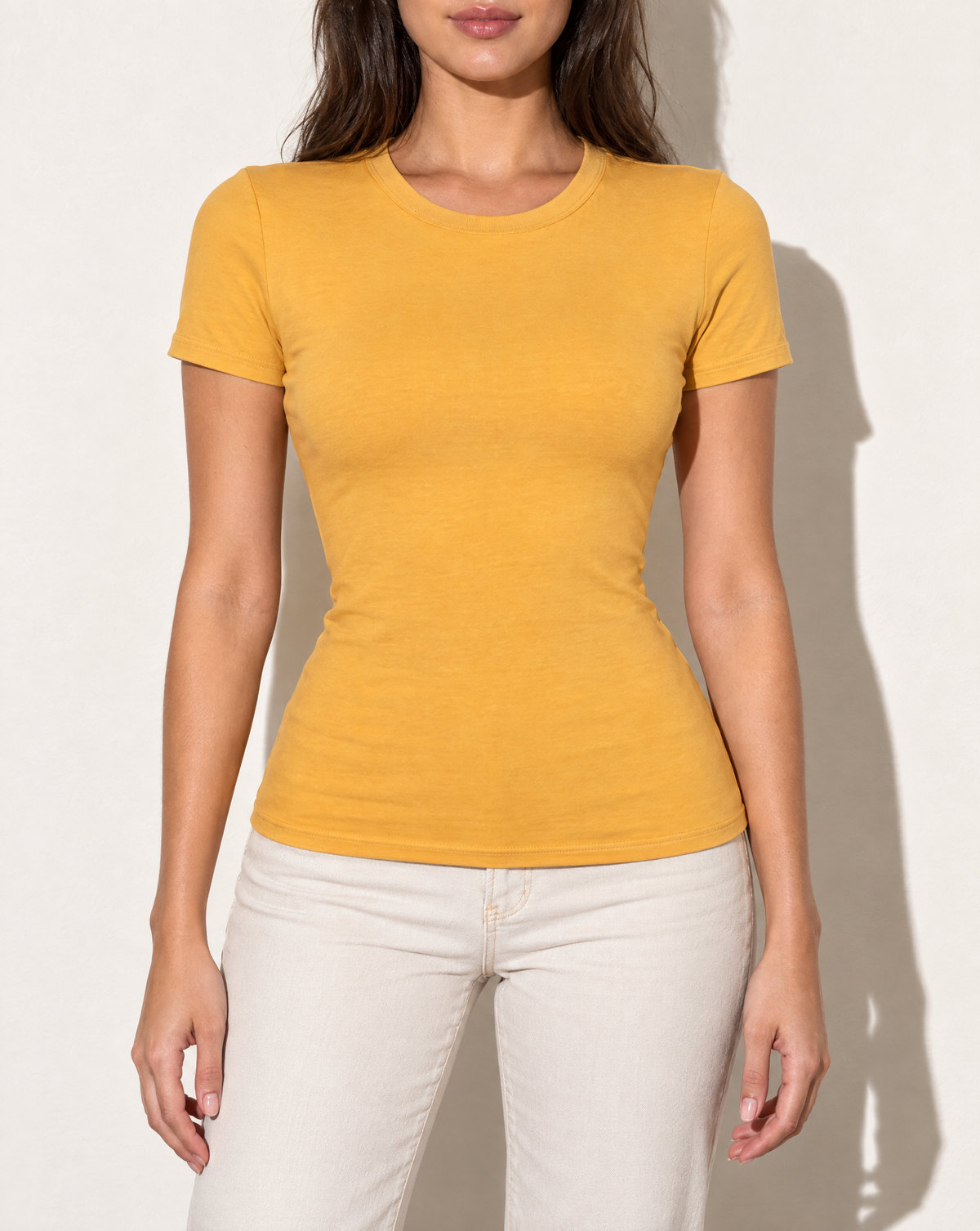 Round Neck Basic Cotton T-Shirt in Mustard — front view