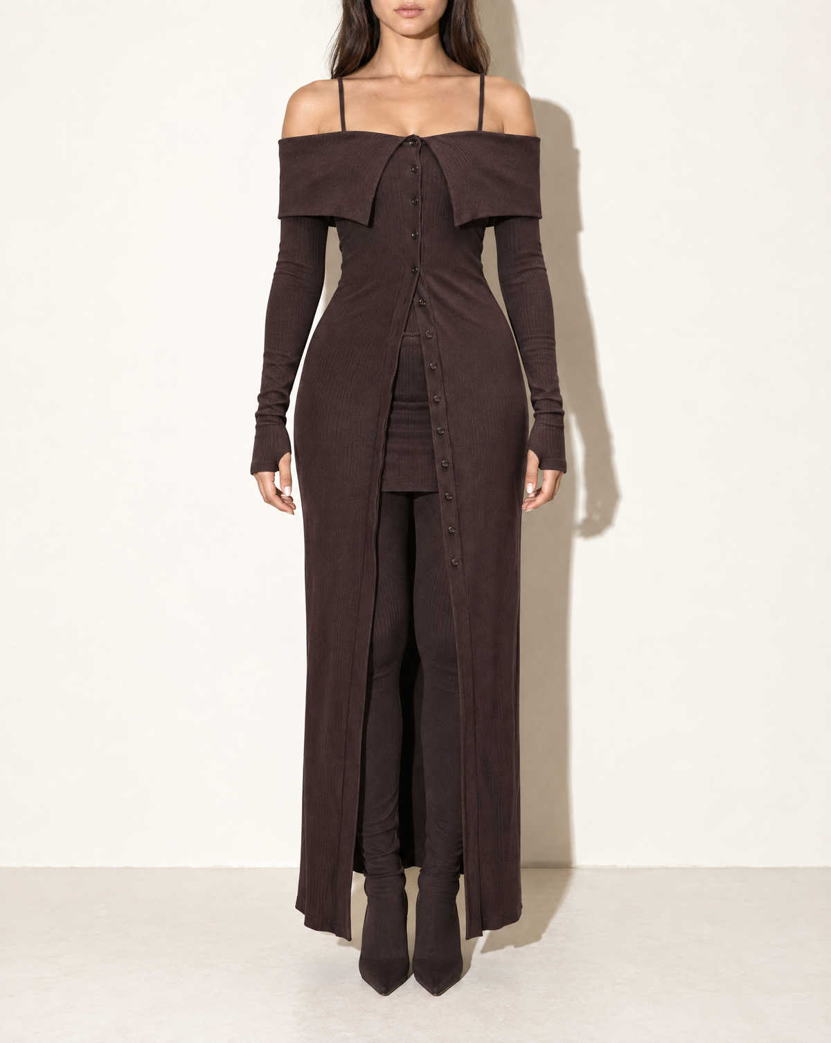 Long Length Off Shoulder Top & Skirt Leggings Set in Brown — front view