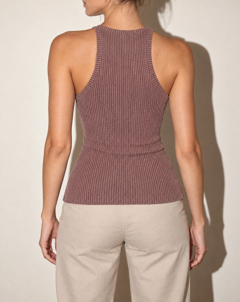 Noodle Rib Fabric Racerback Tank Top in Chocolate — back view