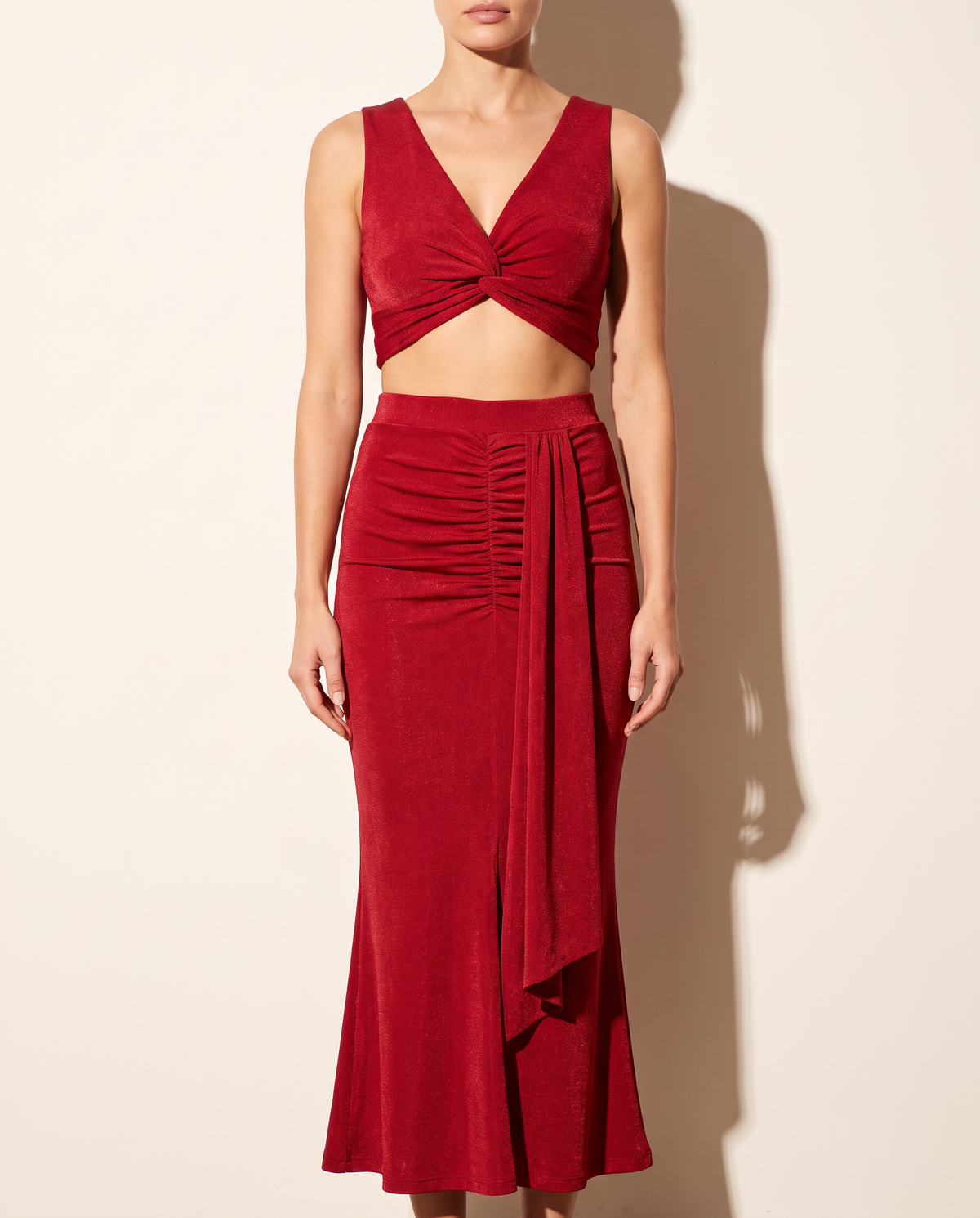 Twisted Front Top & Draped Skirt Set in Wine — front view