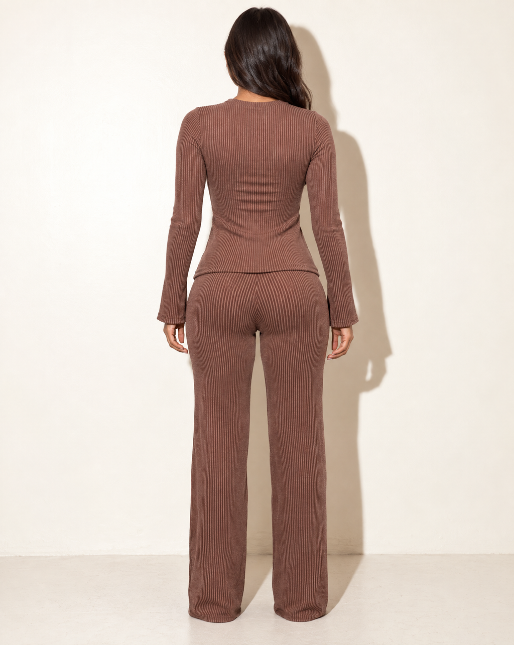 Twisted Front Cut Out Detailed Top & Pants Set in Chocolate — back view