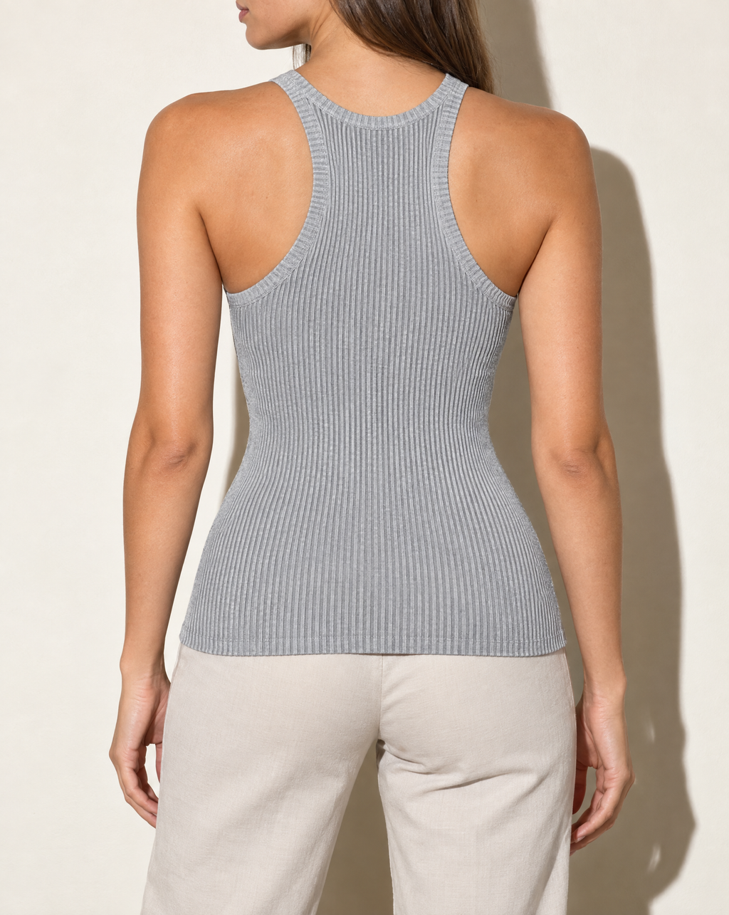 Noodle Rib Fabric Racerback Tank Top in Silver — back view