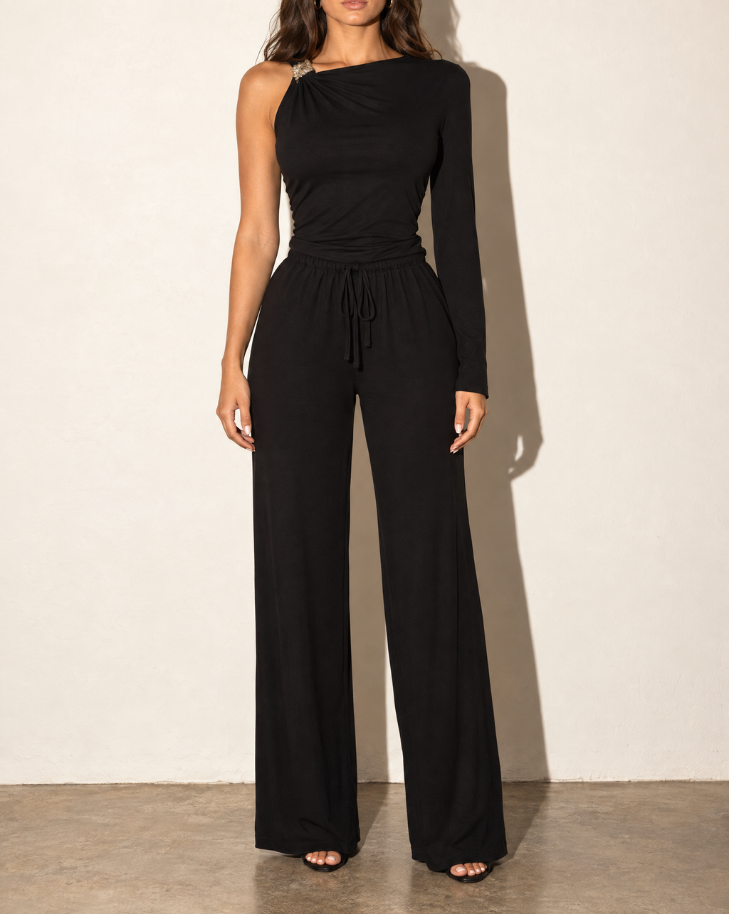 One Sleeve Top & Wide Leg Pants Set in Black — front view