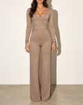 Wide Leg Jumpsuit & Long Sleeve Top Set in DK MOCHA — front view