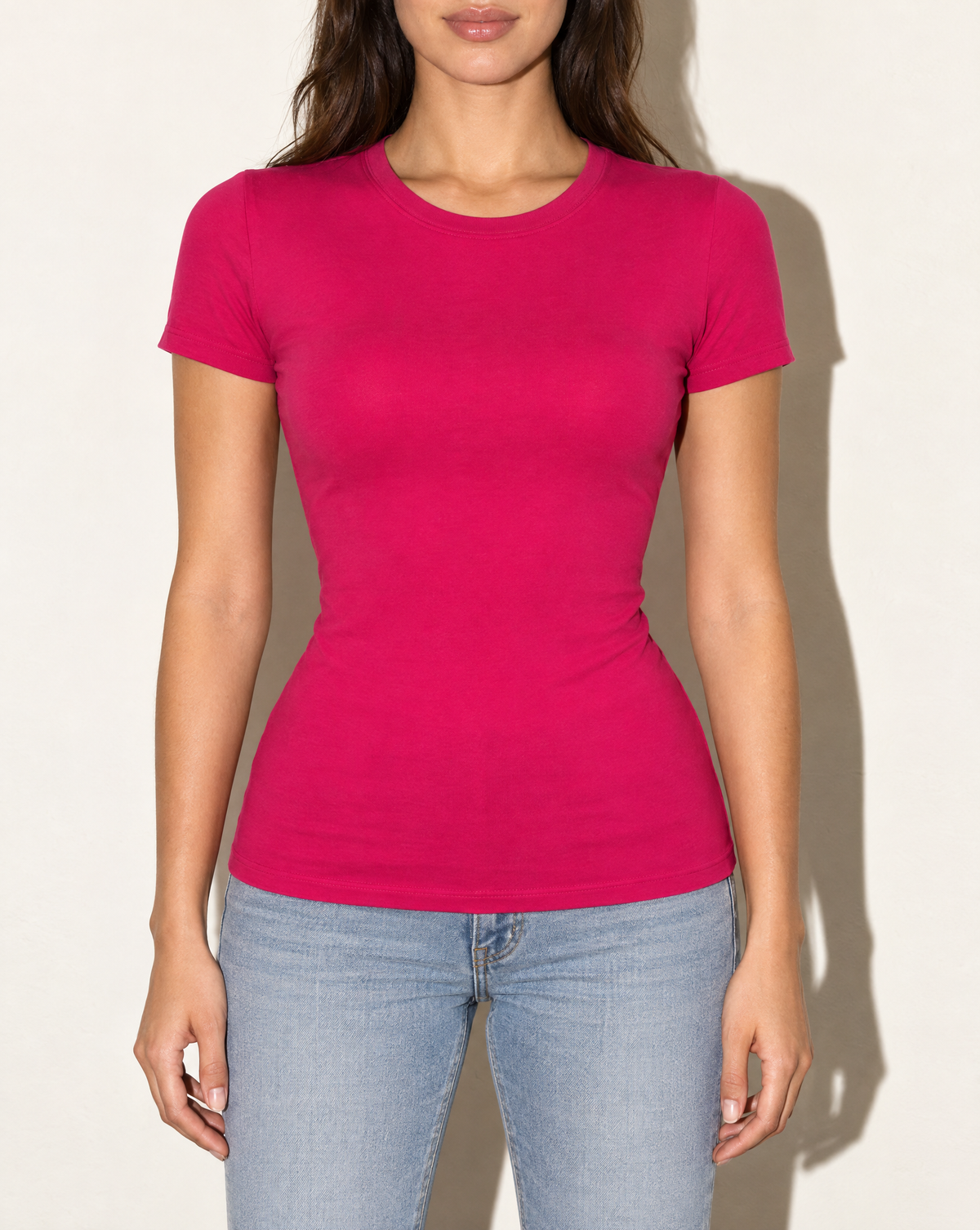 Round Neck Basic Cotton T-Shirt in Magenta — front view