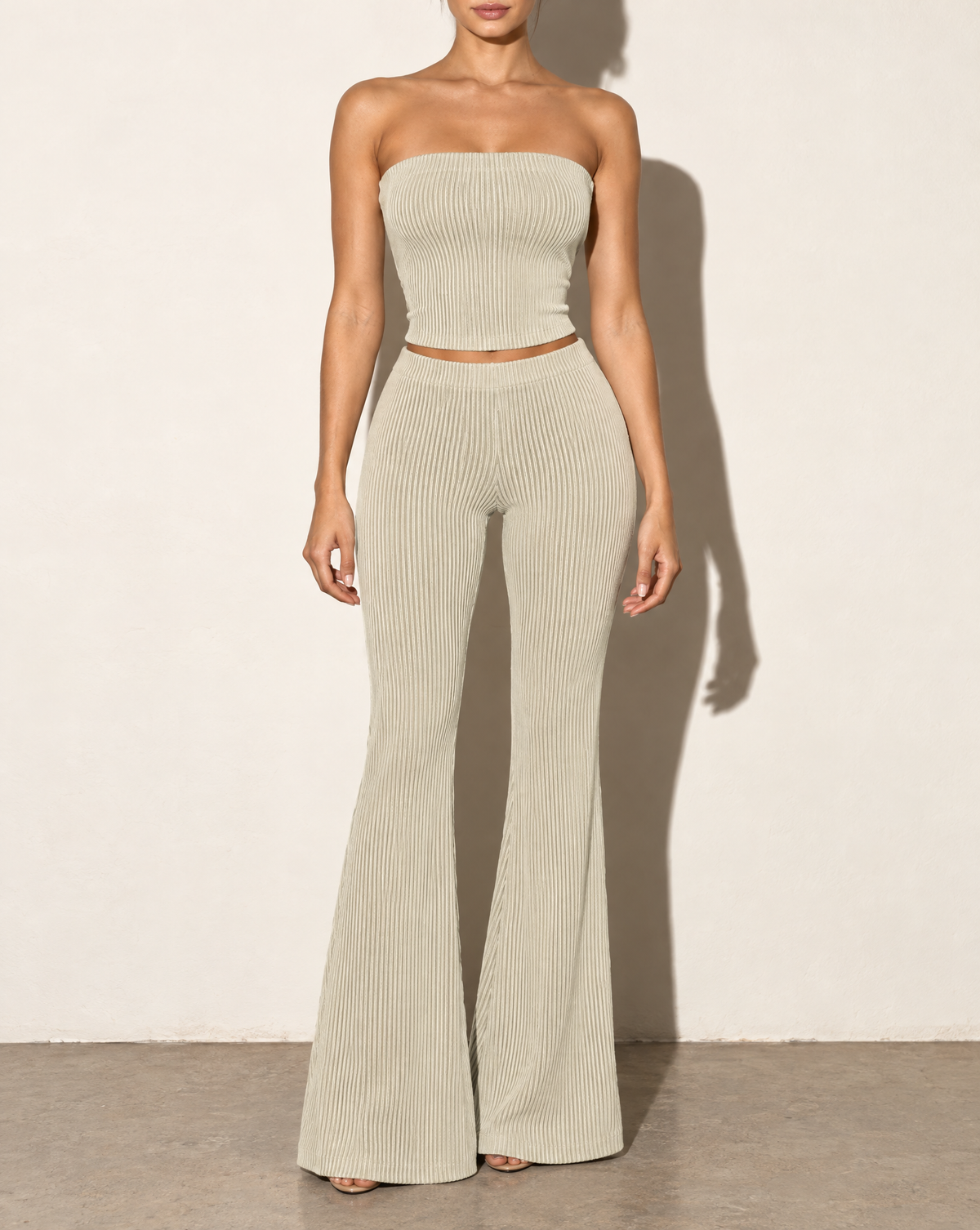 Rib Tube Top & Long Pants Set in CELERY — front view