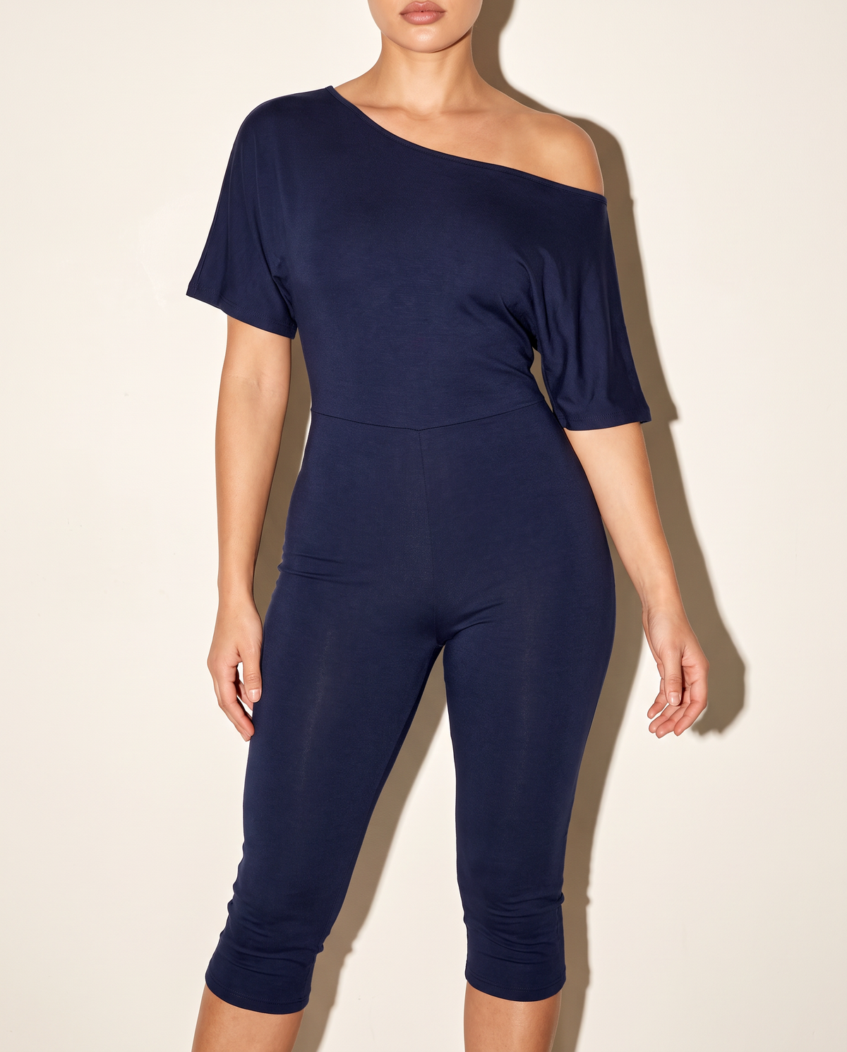 One Off Shoulder Capri Jumpsuit in Navy — alternate front view