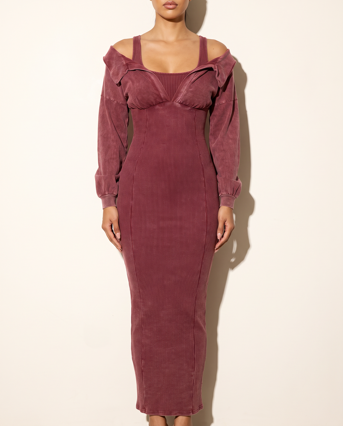 Mineral Washed Long Sleeve Maxi Dress in Burgundy — front view