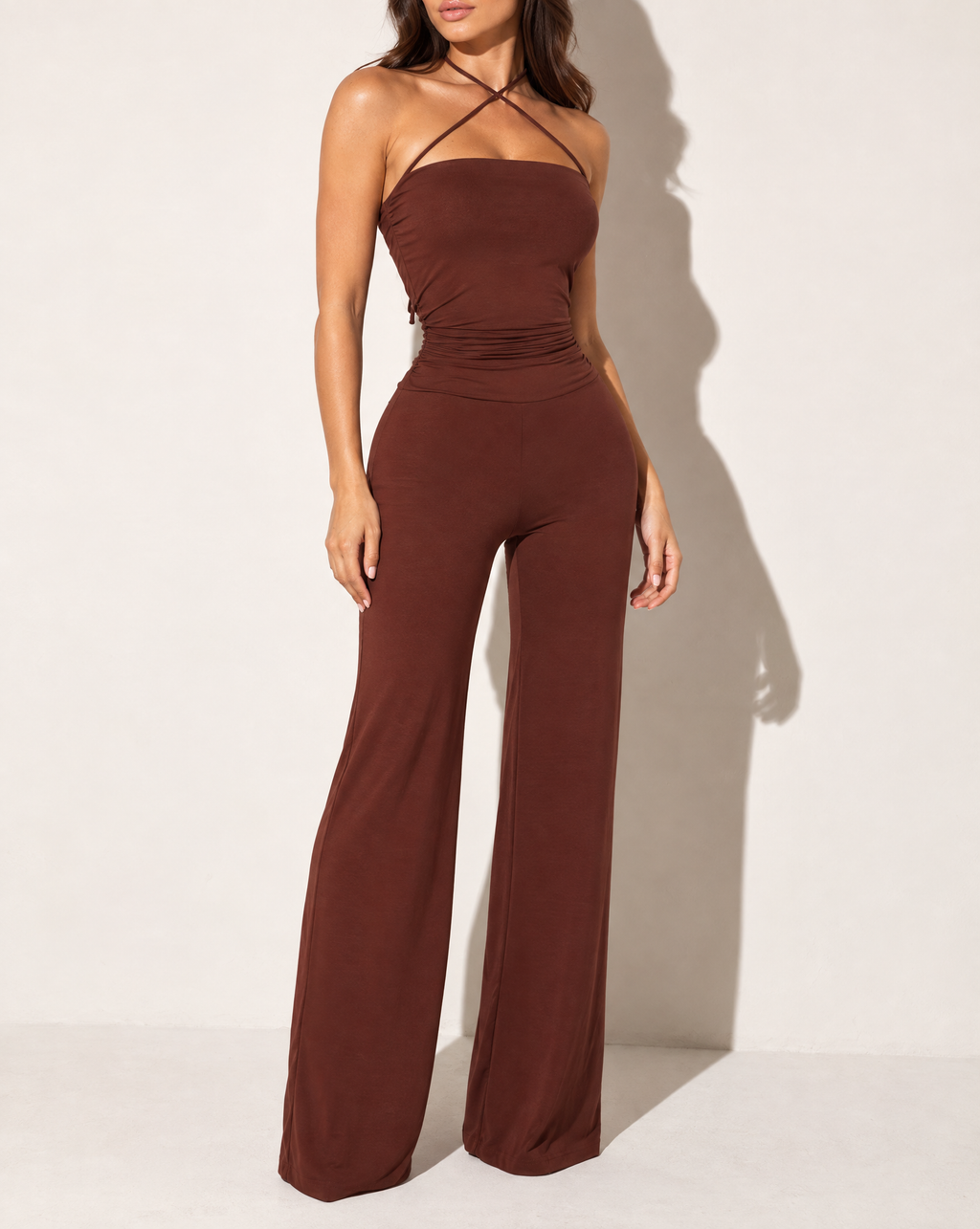 Strap Halter Neck Wide Leg Jumpsuit in Chocolate — alternate front view