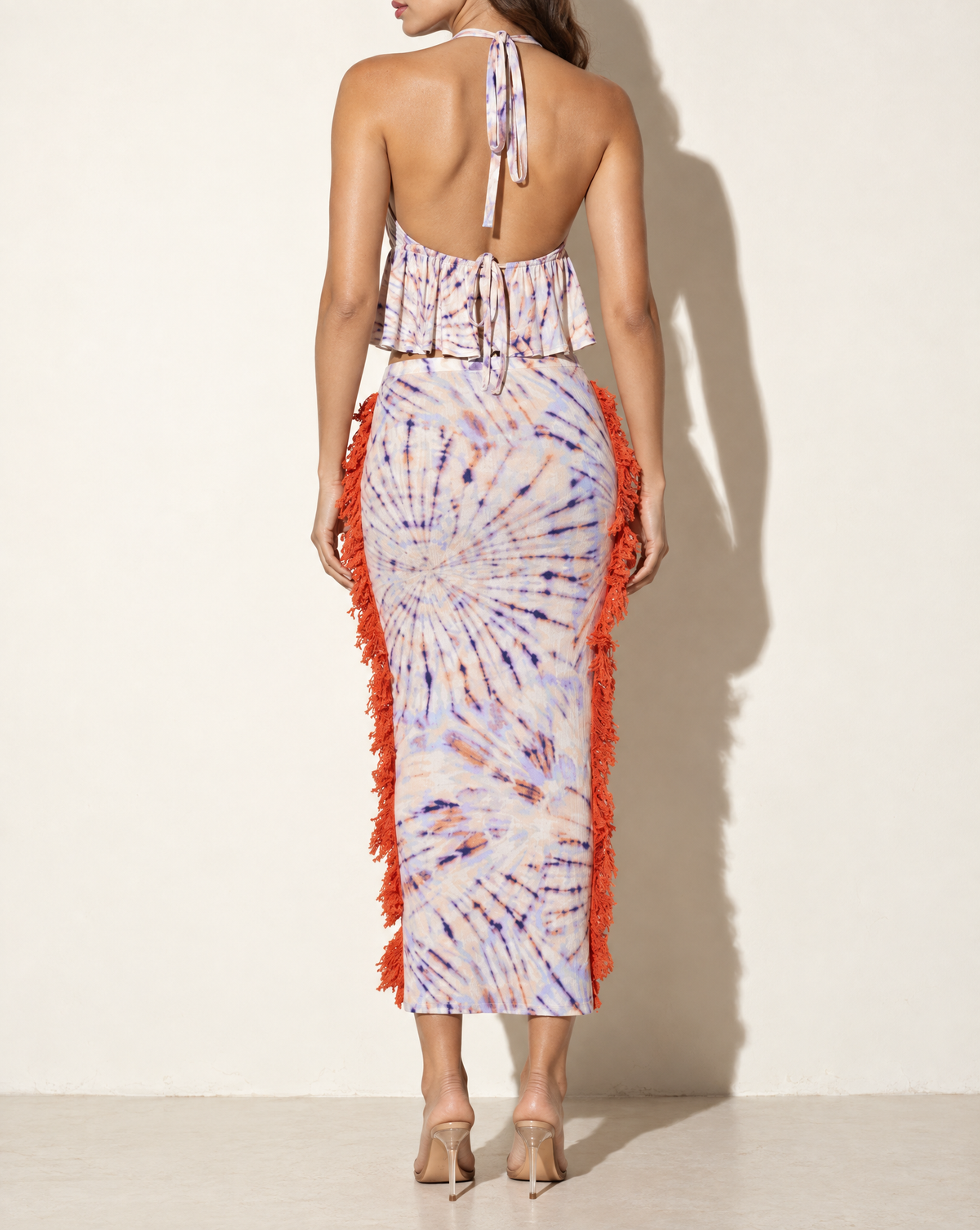 Tie-Dye Fringe Halter Two-Piece Set in Peach — back view