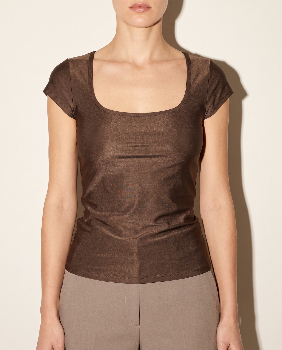 Cap Sleeves Scoop Neck Bodycon Top in Brown — front view