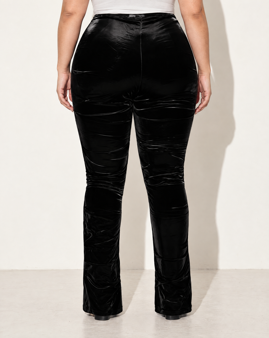 Plus Size Velvet PU Ruched Pants in Black — back view