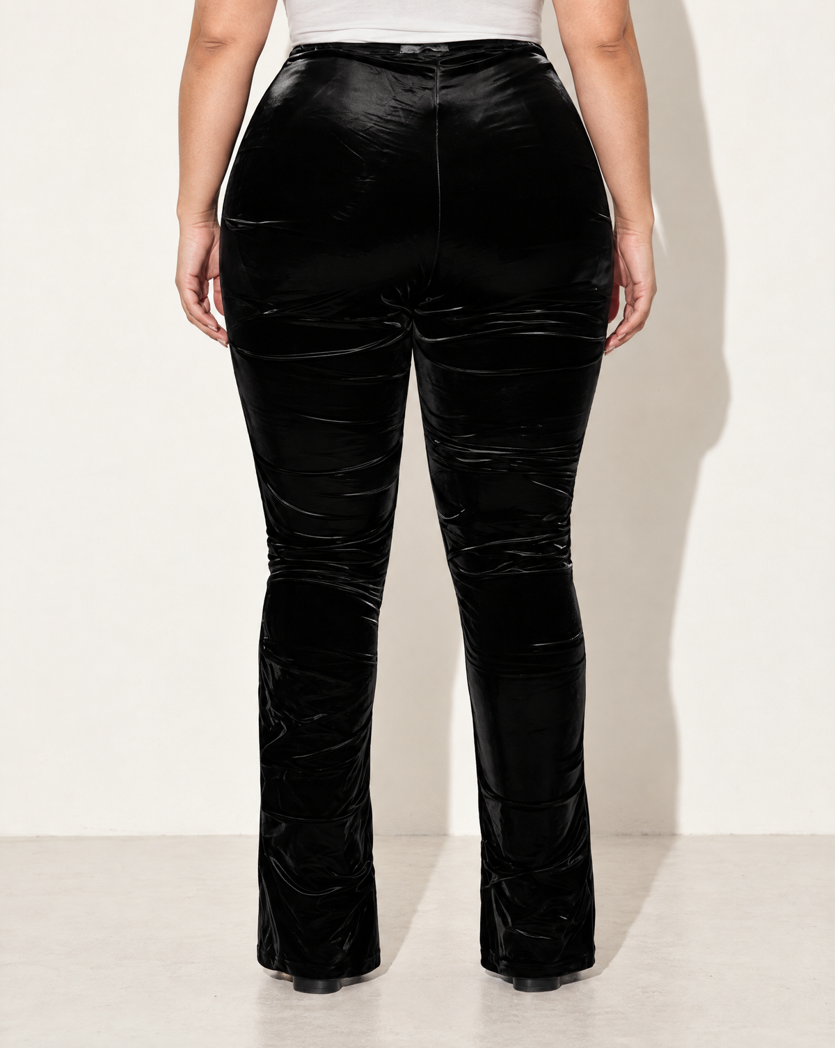 Plus Size Velvet PU Ruched Pants in Black — back view