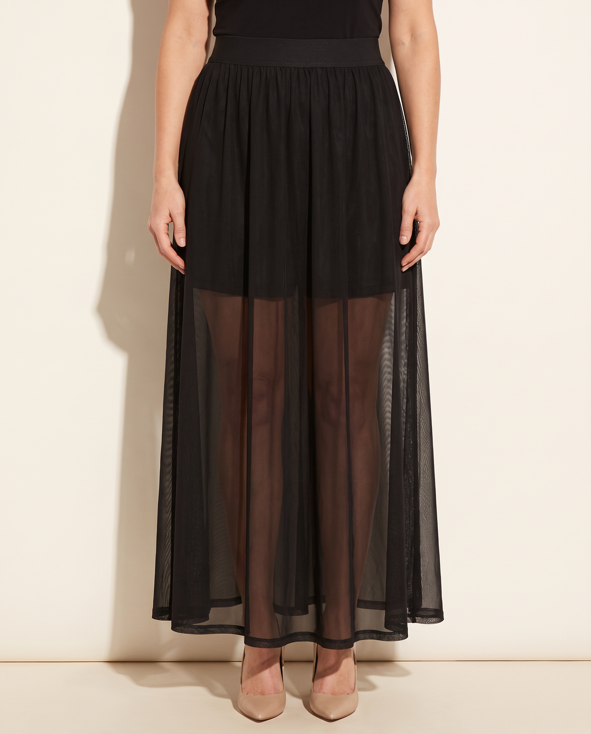 Sheer Mesh Maxi Skirt With Shorts Lining in Black — front view