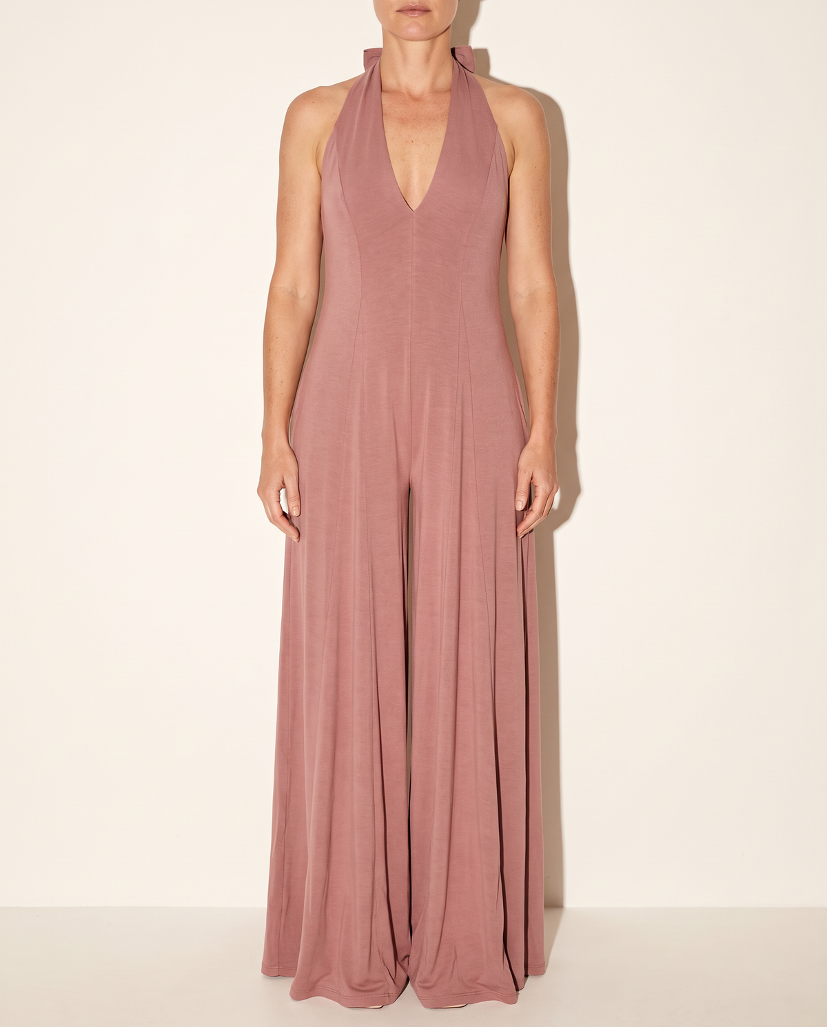 Wide Leg Halter Jumpsuit in DUSTY ROSE — front view