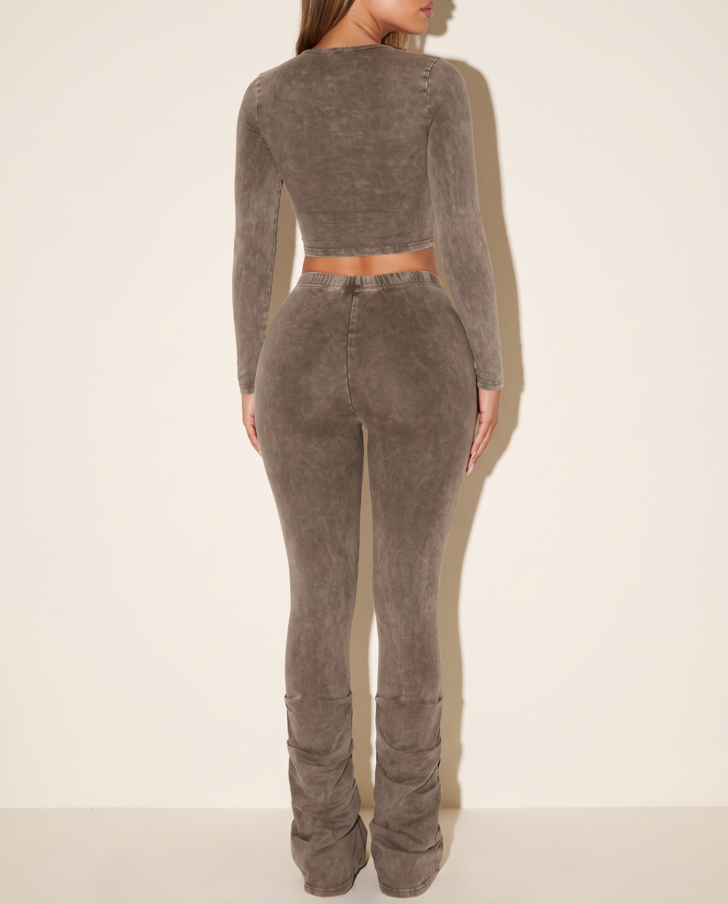 Mineral Washed Top & Ruched Hem Detailed Pants in Brown — back view