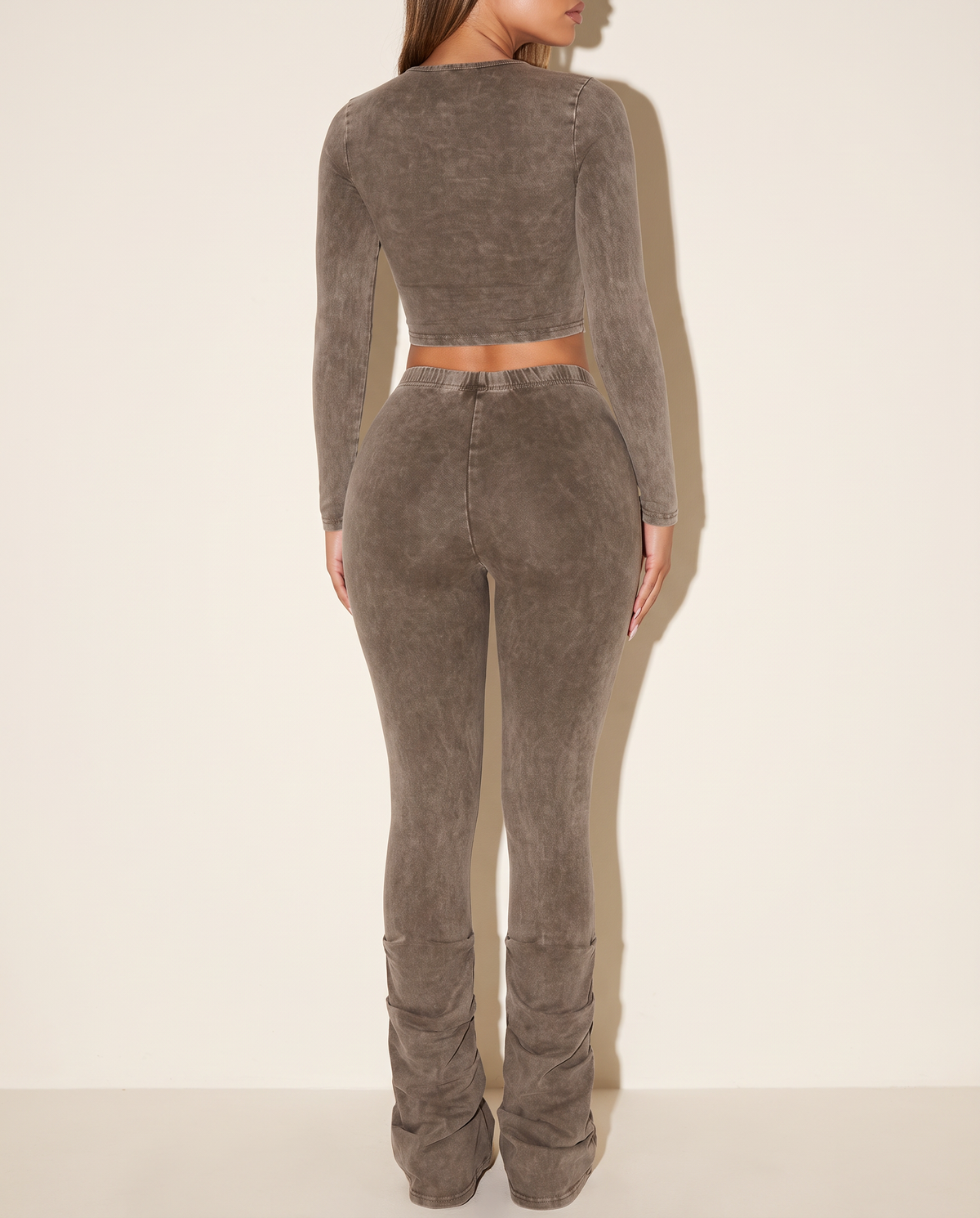 Mineral Washed Top & Ruched Hem Detailed Pants in Brown — back view