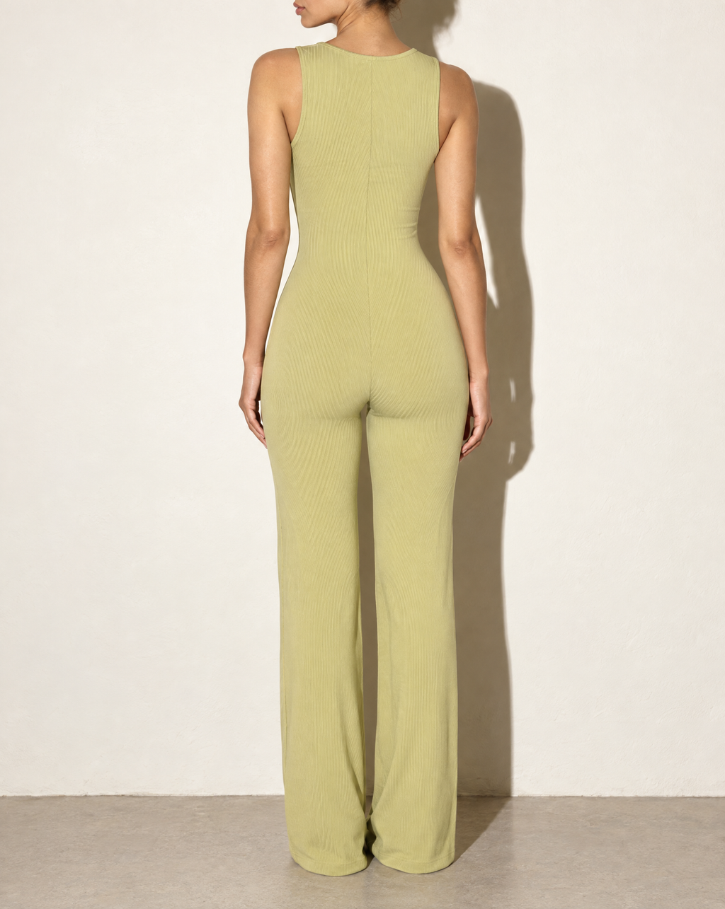 Sleeveless Wide Leg Jumpsuit in CELERY — back view