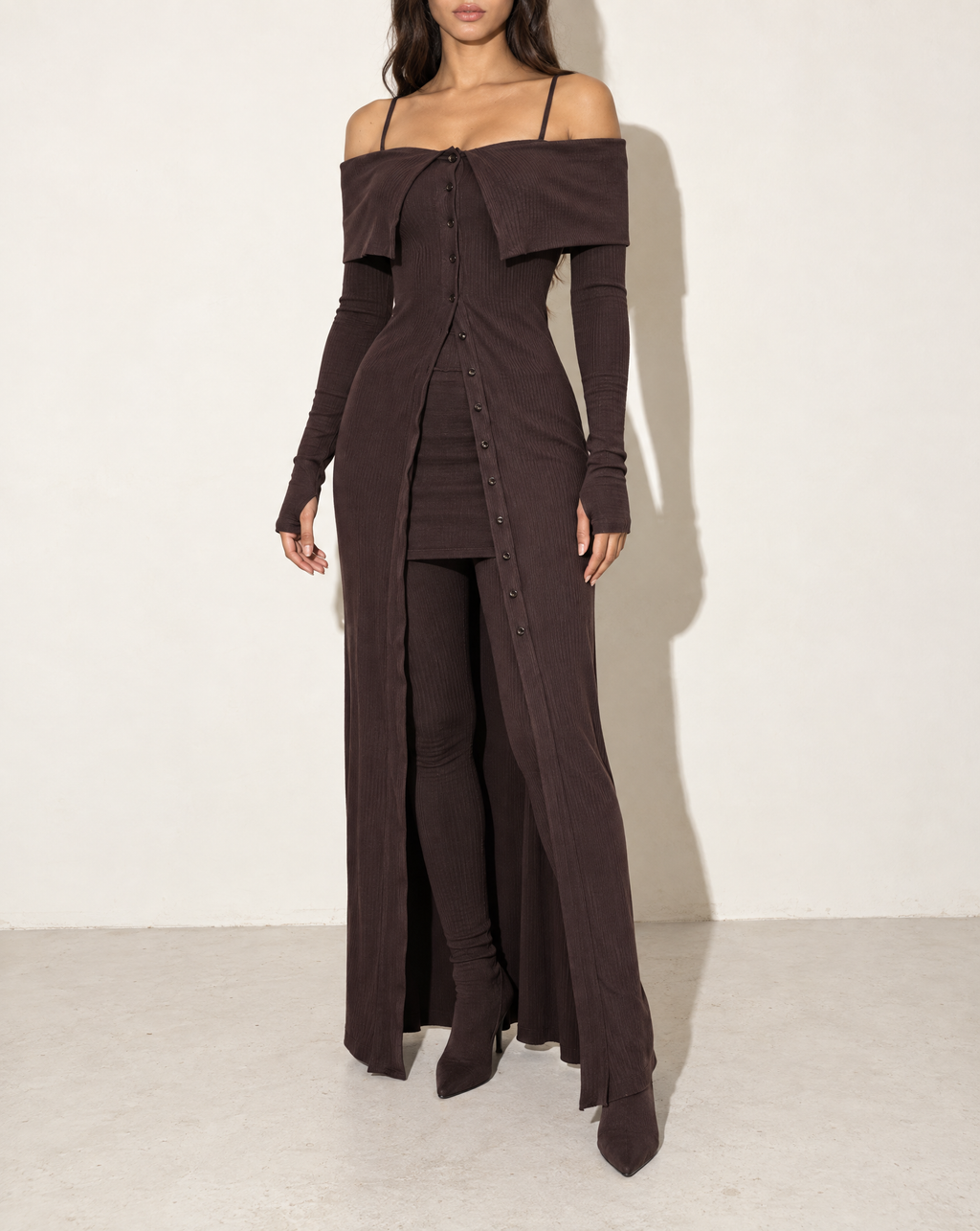 Long Length Off Shoulder Top & Skirt Leggings Set in Brown — alternate front view