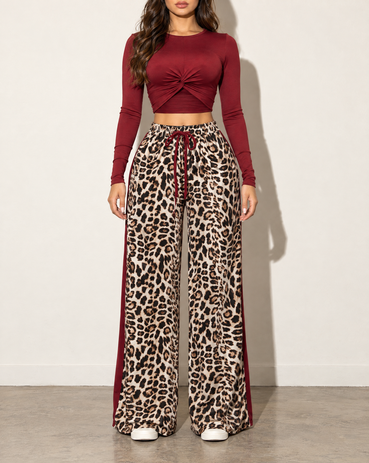 Long Sleeve Mid Top & Wide Leg Pants Set in Burgundy — front view