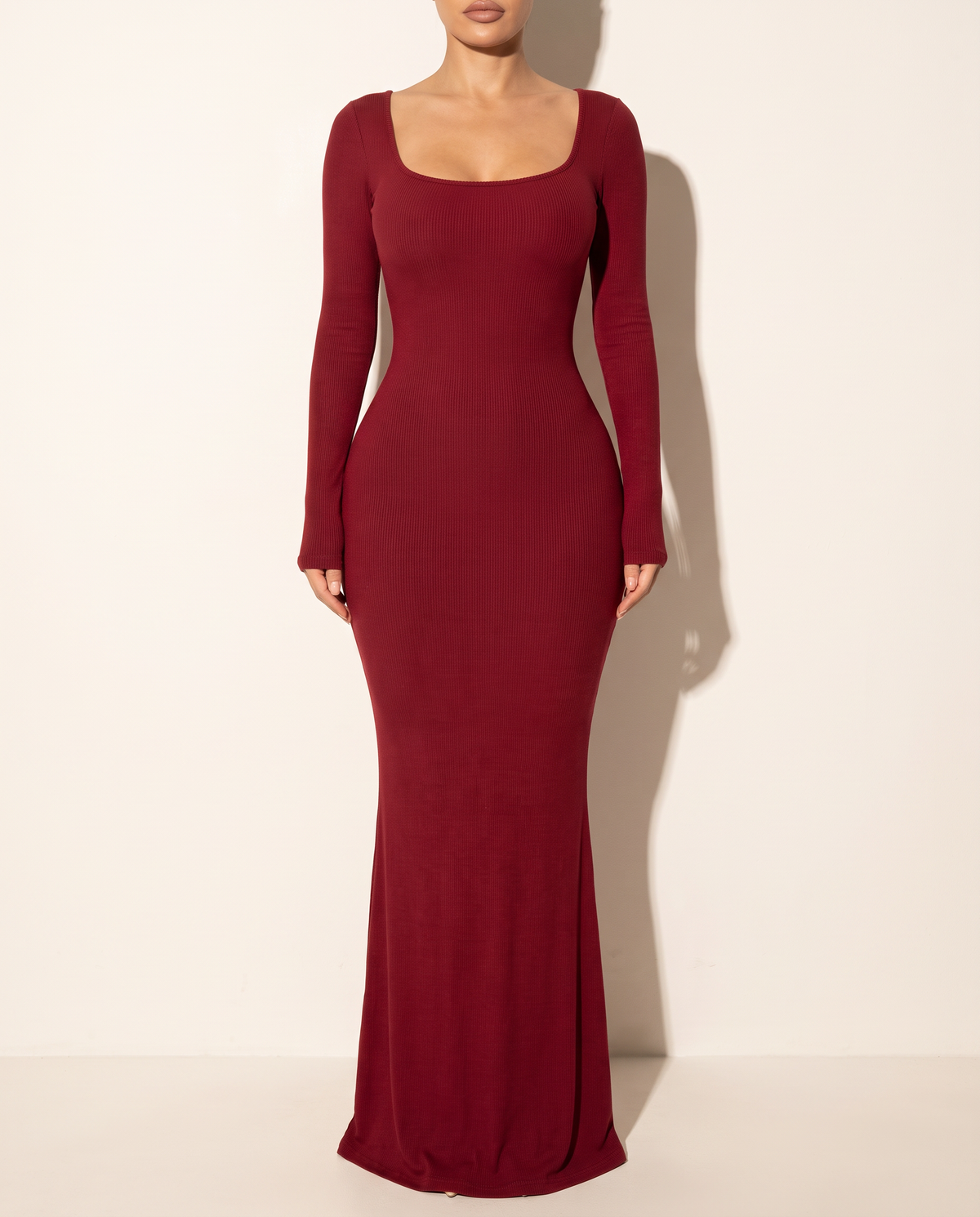 Scoop Neck Long Sleeve Mermaid Maxi Dress in Burgundy — front view