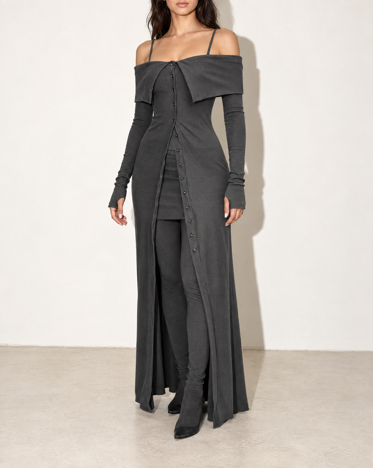 Long Length Off Shoulder Top & Skirt Leggings Set in Charcoal — alternate front view